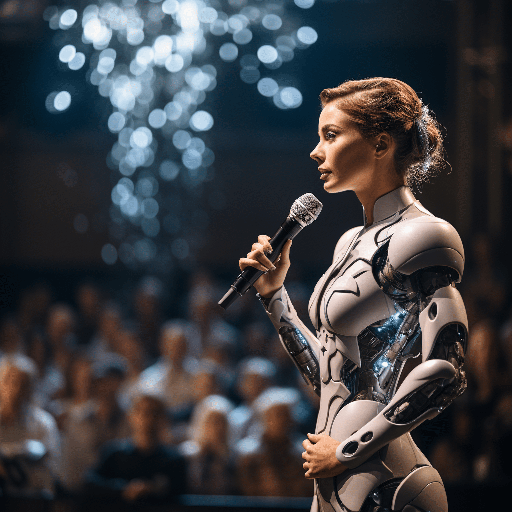 Loadedm Female Robot Speaking on Stage Da81Ac2C 9D13 422B 8730 36468Bd60D1E BR 1