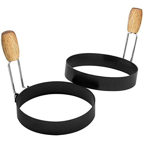 COTEY Egg Rings Set of with Wooden Handle, Large Ring for Frying Eggs, Round Mold for English Muffins Griddle Cooking Shaper for Breakfast