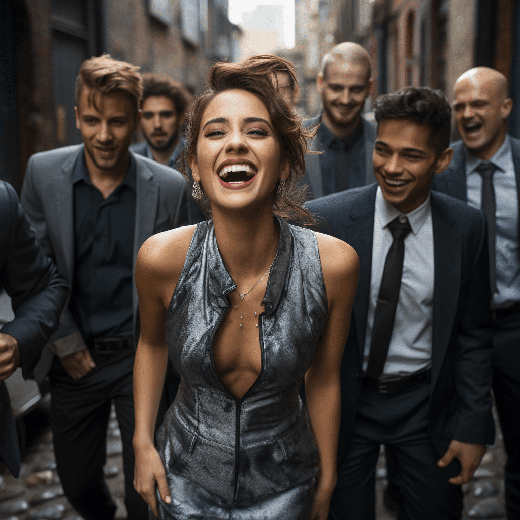 Female Model in Alley and Surrounded by Laughing Men
